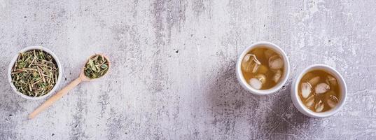 ghiacciato verde giapponese hojicha tè nel tazze e le foglie nel un' ciotola superiore Visualizza ragnatela bandiera foto