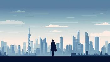 uomo d'affari in piedi guardare shanghai città Visualizza, piatto illustrazione sfondo. generativo ai. foto