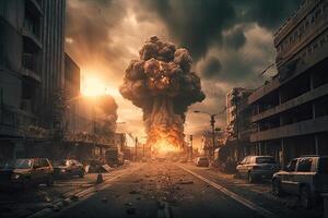 il esplosione di il nucleare bomba. fine di mondo illustrazione. nucleare guerra minaccia concetto. un' moderno nucleare bomba esplosione al di sopra di un' piccolo città. generativo ai foto