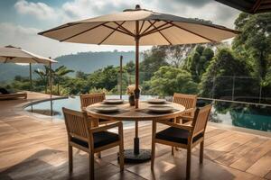 lusso villa mostrare casa a tropicale estate vacanza ricorrere con nuoto piscina e sole sedie nel giardino. generativo ai foto