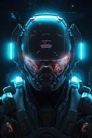 ritratto di un' giovane cyborg uomo con futuristico colore metallo virtuale la realtà occhiali, cyborg uomo Augmented realtà, e futuristico visione 3d. inesistente persona. generativo ai foto