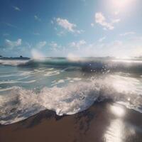 avvicinamento tiro di bellissimo mare onde. spiaggia sabbia e sorprendente mare. estate tramonto paesaggio marino. morbido luce del sole, chiaro cielo, onde e acqua schizzi. generativo ai foto