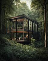 un' moderno Casa nel foresta Perfetto per isolato vacanza o appena un' tranquillo, calmo rilassare nel il connessione con natura. moderno architettura. generativo ai. foto