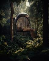 un' moderno Casa nel foresta Perfetto per isolato vacanza o appena un' tranquillo, calmo rilassare nel il connessione con natura. moderno architettura. generativo ai. foto