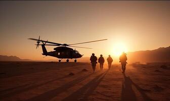 militare elicottero con silhouette soldati. armato conflitto fra Israele e Palestina, militare azione. un' soldato nel camuffare capi di abbigliamento passeggiate in direzione un' militare elicottero. generativo ai. foto