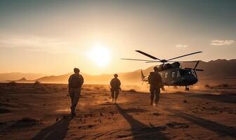 militare elicottero con silhouette soldati. armato conflitto fra Israele e Palestina, militare azione. un' soldato nel camuffare capi di abbigliamento passeggiate in direzione un' militare elicottero. generativo ai. foto