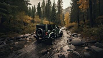 fuori strada gara su autunno natura sfondo. macchine da corsa nel autunno foresta. suv o fuori strada auto su sentiero coperto con erba attraversamento pozzanghera con sporco spruzzata. generativo ai. foto