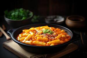 lato Visualizza di formaggio tokbokki coreano tradizionale cibo su nero tavola sfondo. pranzo piatto. generativo ai. foto