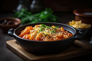 lato Visualizza di formaggio tokbokki coreano tradizionale cibo su nero tavola sfondo. pranzo piatto. generativo ai. foto