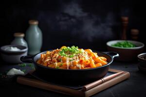 lato Visualizza di formaggio tokbokki coreano tradizionale cibo su nero tavola sfondo. pranzo piatto. generativo ai. foto