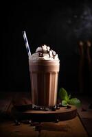 cioccolato frappè con ghiaccio crema e con frustato crema, marshmallow, dolce Popcorn, biscotti, cialde, servito nel bicchiere muratore barattolo. generativo ai. foto