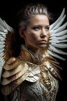 femmina angelo guerriero nel bianca e oro armatura foto