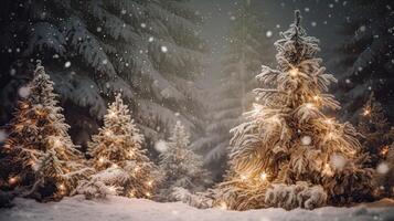 Natale albero e Natale luci su astratto nevoso paesaggio sfondo, natale sfondo concetto con pubblicità spazio. generativo ai. foto