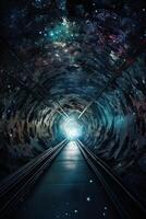 Ingresso in un' lungo futuristico di tunnel. generativo ai. foto