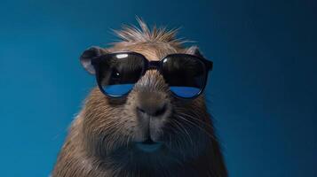 singolo capibara con occhiali da sole su blu sfondo il testa guardare elegante e freddo. generativo ai. foto
