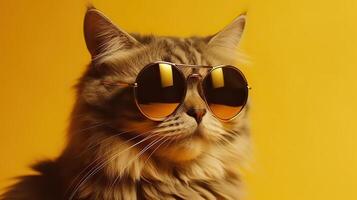 divertente studio tiro di freddo gatto indossare occhiali da sole su giallo sfondo con copia spazio. generativo ai. foto