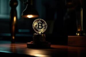 oro moneta bitcoin su un' nero sfondo. il concetto di crypto moneta. blockchain tecnologia. misto media. generativo ai. foto