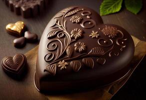 un' bellissimo a forma di cuore cioccolato è su un' tavolo. creare ai. foto