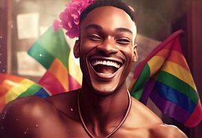 contento africano gay uomo festeggiare orgoglio Festival - LGBTQ Comunità concetto. creare ai. foto