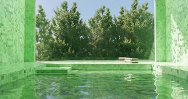 piscina coperta piastrellata verde con ampia finestra e alberi di pino alle spalle foto