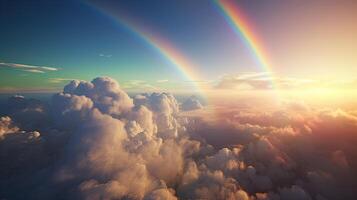 arcobaleno nel blu cielo con nube. bellissimo paesaggio con Multi colorato con arcobaleno. generativo ai. foto