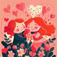 generativo ai illustrazione di un adorabile e accattivante cartone animato personaggio per San Valentino giorno, amore, cuori, fiori, romanza, felice, allegro, gioioso, divertimento, giocoso, spensierato, dolce foto