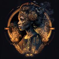 generativo ai illustrazione di cyberpunk zodiaco cartello con un' industriale Fumo, meccanico dettaglio su le spalle, inquinamento, centrato dentro intricato oro e fuoco cerchio di città e grattacieli, vapore punk foto