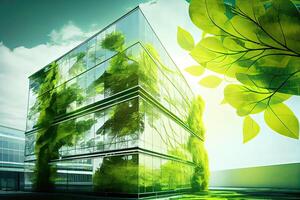 generativo ai illustrazione di eco amichevole costruzione nel un' contemporaneo metropoli. un' sostenibile bicchiere edificio con verde albero rami e le foglie per abbassamento calore e carbonio biossido. foto