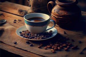 generativo ai illustrazione di tazza di caffè e caffè fagioli su vecchio di legno tavolo e il piantagioni tè collina sfondo foto