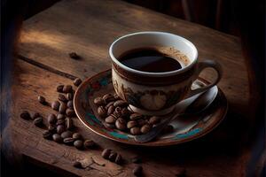 generativo ai illustrazione di tazza di caffè e caffè fagioli su vecchio di legno tavolo e il piantagioni tè collina sfondo foto