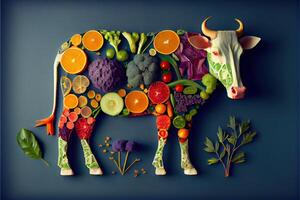 generativo ai illustrazione di un' mucca fatto di fresco frutta e verdure foto