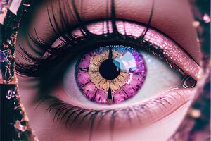 generativo ai illustrazione di macro fotografia tiro di realistico femmina occhi con rosa iris quello sembra piace un' romano numerale analogico orologio, tempo nel occhi, opalescenza e brillante, distrutto bicchiere cristalli foto