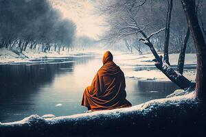 generativo ai illustrazione di buddista monaco nel meditazione accanto il fiume con bellissimo natura sfondo foto