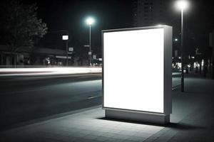 vuoto spazio annuncio pubblicitario asse, vuoto bianca cartello su ciglio della strada nel città, verticale vuoto tabellone nel città nel notte volta, gratuito foto