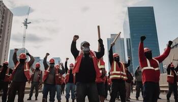 costruzione lavoratori aumentare loro mani nel il aria lavoro duro e faticoso giorno, ai generativo foto