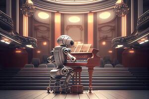 generativo ai illustrazione di robot giocando il pianoforte nel un' mille dollari concerto sala foto