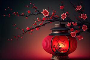 generativo ai illustrazione di Cinese tradizionale rosso Festival sfondo con un' Cinese rosso prugna fiore, lanterna, primavera Festival, nuovo anno, Cinese tradizionale cultura elemento foto