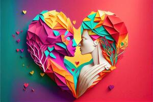 generativo ai illustrazione di origami San Valentino giorno sfondo, contento coppia, colorato. carta tagliare mestiere, 3d carta stile. neurale Rete generato arte. digitalmente generato Immagine foto