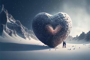 generativo ai illustrazione di un' bufera di neve di amore. coppia baci nel neve. grande cuore. amore e San Valentino giorno concetto. neurale Rete generato arte. digitalmente generato Immagine. foto