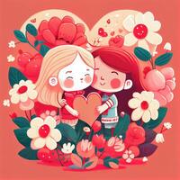 generativo ai illustrazione di un adorabile e accattivante cartone animato personaggio per San Valentino giorno, amore, cuori, fiori, romanza, felice, allegro, gioioso, divertimento, giocoso, spensierato, dolce foto