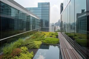 generativo ai illustrazione di bellissima giardino su il tetto di un' contemporaneo bicchiere ufficio edificio nel Asia foto