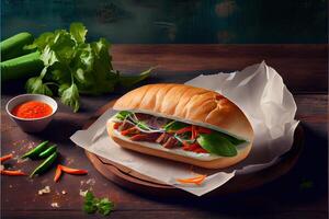 generativo ai illustrazione di banh mi Vietnam pane, cibo, studio, asiatico, vietnamita Sandwich , vietnamita cibo, copia spazio foto