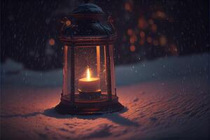 generativo ai illustrazione di lanterna con candele su un' bellissimo blu sfondo con oro polvere, stelle e neve. bellissimo Natale o nuovo anno sfondo. neurale Rete generato arte. foto