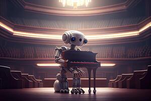 generativo ai illustrazione di robot giocando il pianoforte nel un' mille dollari concerto sala foto