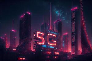 generativo ai illustrazione di futuristico città a notte, 5g Internet Rete senza fili sistemi e Internet di le cose, inteligente città e comunicazione Rete concetto. foto