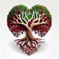 generativo ai illustrazione di albero di vita, radici fabbricazione rosso cuore forma, celtico stile, colorato, bianca sfondo foto