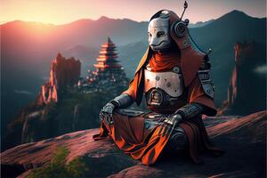 generativo ai illustrazione di un Avanzate monaco robot cyborg fare yoga su il montagna, zen illuminazione foto