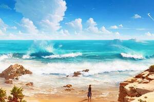 paesaggio marino con Surf onde contro un' blu soleggiato cielo con ai generato. foto