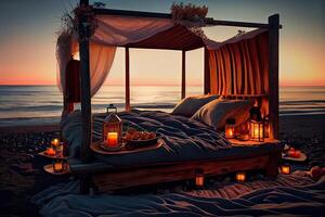 generativo ai illustrazione di un' romantico sera di il mare, con un' accogliente di legno letto ornato con candele e saluti, tutti illuminato di il caldo splendore di un' bellissimo tramonto foto