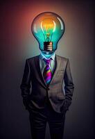 generativo ai illustrazione di innovativo attività commerciale, un' gigante leggero lampadina, vestito nel un' elegante completo da uomo, con colorato illuminazione circostante esso foto